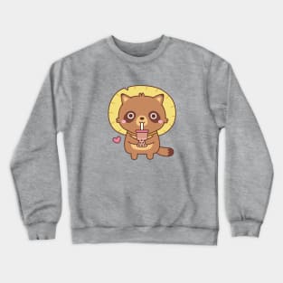 Cute Tanuki With Straw Hat Loves Bubble Tea Crewneck Sweatshirt